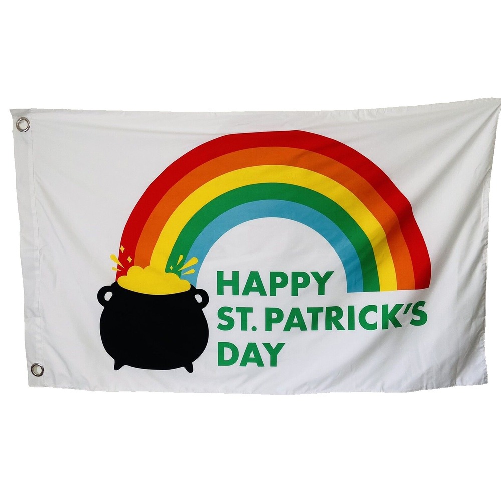 Happy St Patricks Day Flag 3x5 ft Ireland Irish Saint Paddy Pot of Gold Rainbow